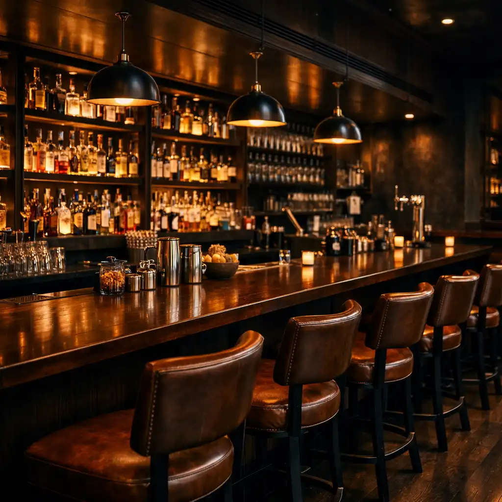 Bar area with dark wood counter and backlit shelves