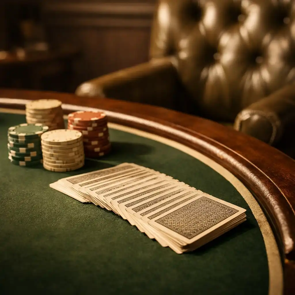 Card lounge table with green felt and poker chips