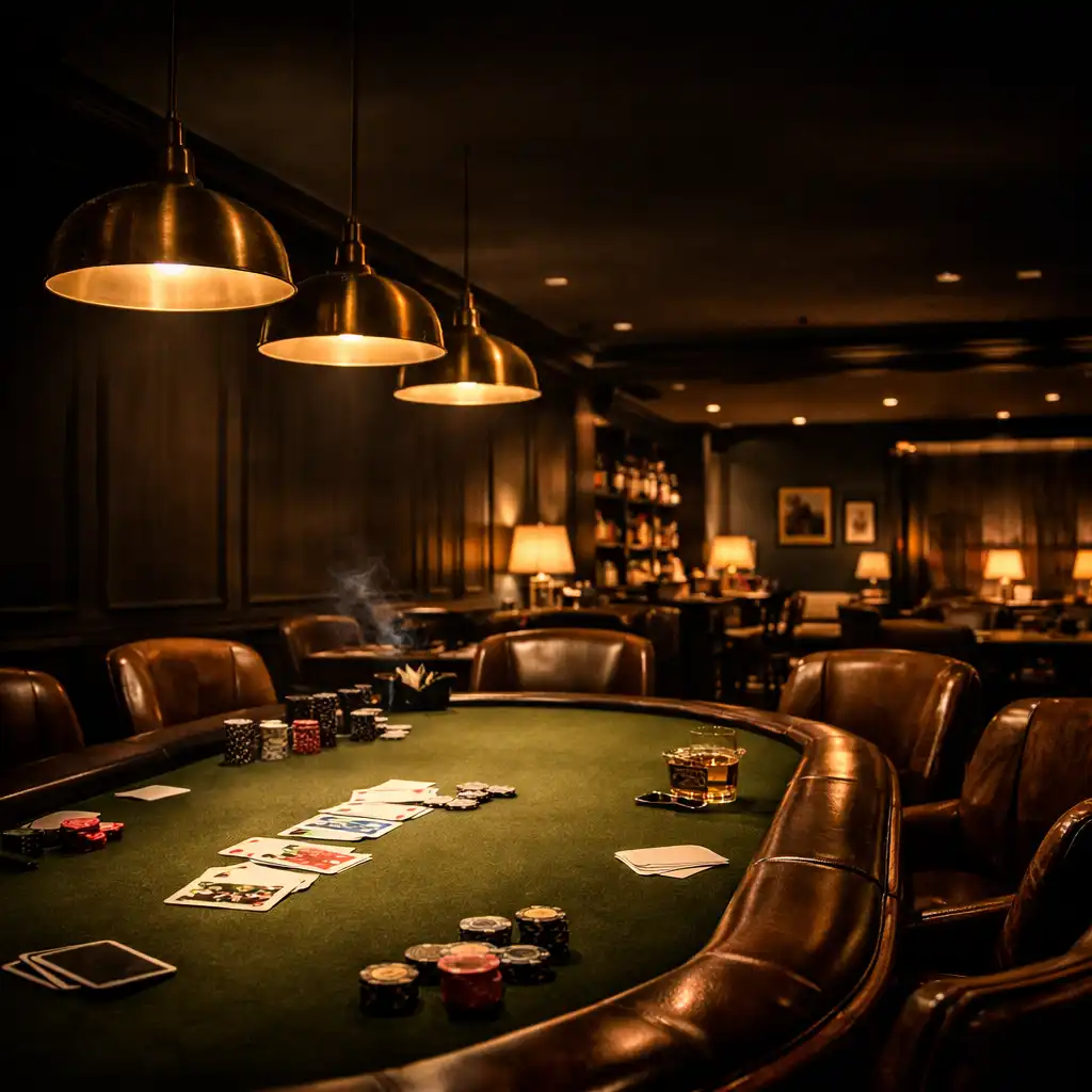 Cinematic interior of Mesada Fortuna's Card Lounge with a dedicated poker table and warm lighting