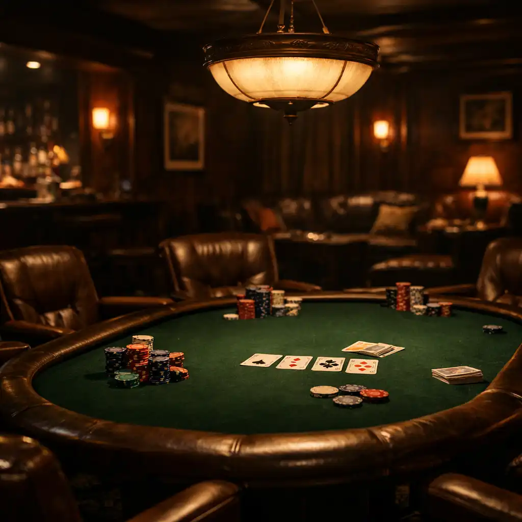 Card lounge with a poker table and leather chairs