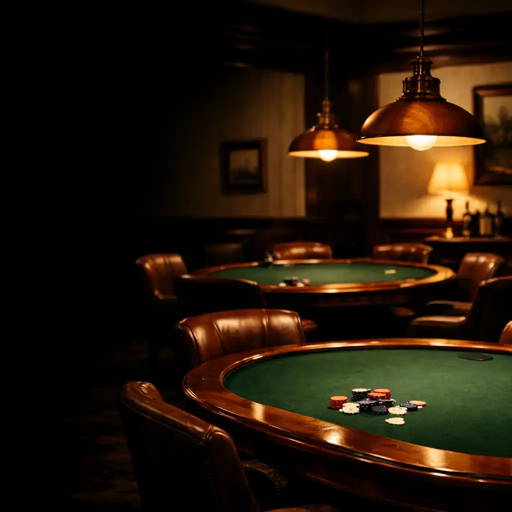 Card lounge with two professional poker tables under warm pendant lights and leather chairs