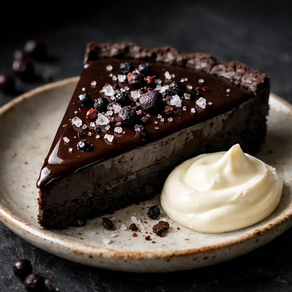 Dark chocolate tart with native pepperberry and crème fraîche