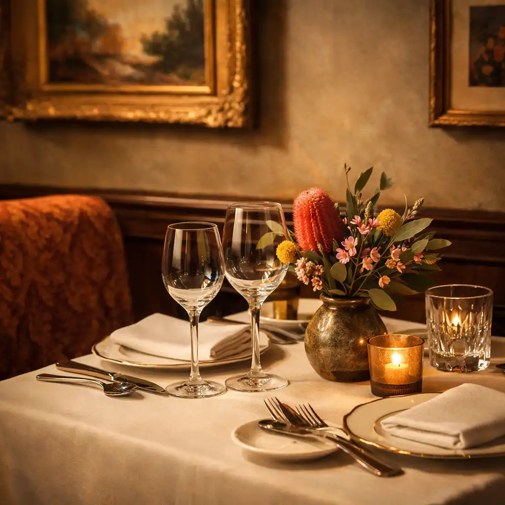 Detailed table setting with fine china and native Australian flowers