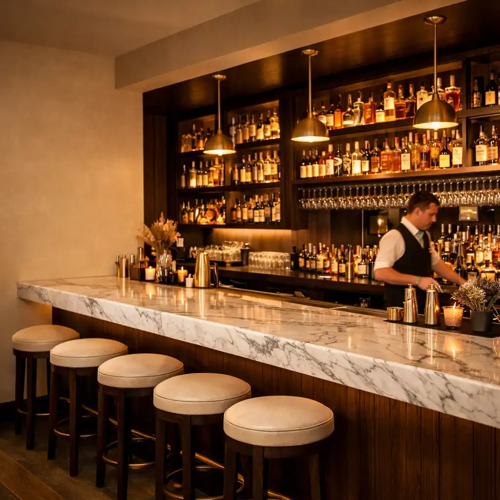 Stylish bar area at Mesada Fortuna with marble counter and warm brass fixtures