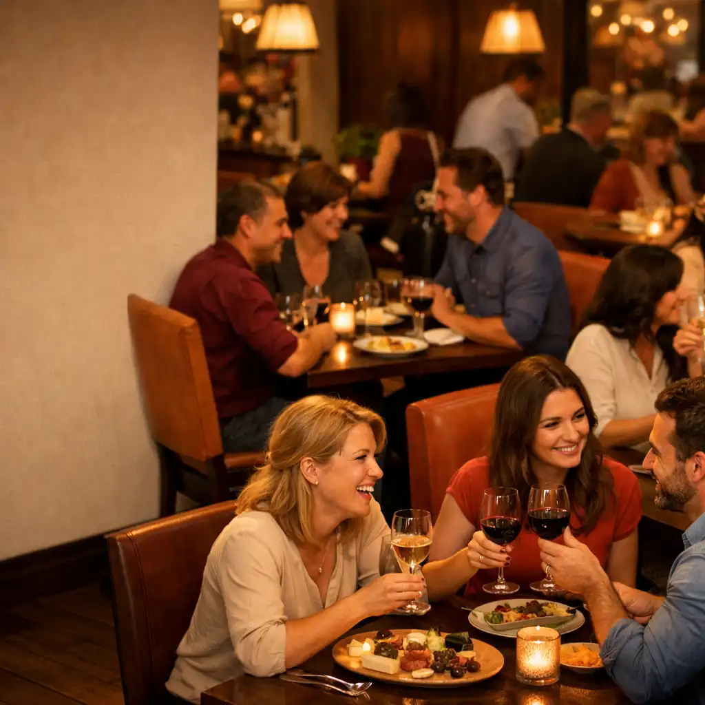 Lively restaurant scene at Mesada Fortuna with guests dining and socializing