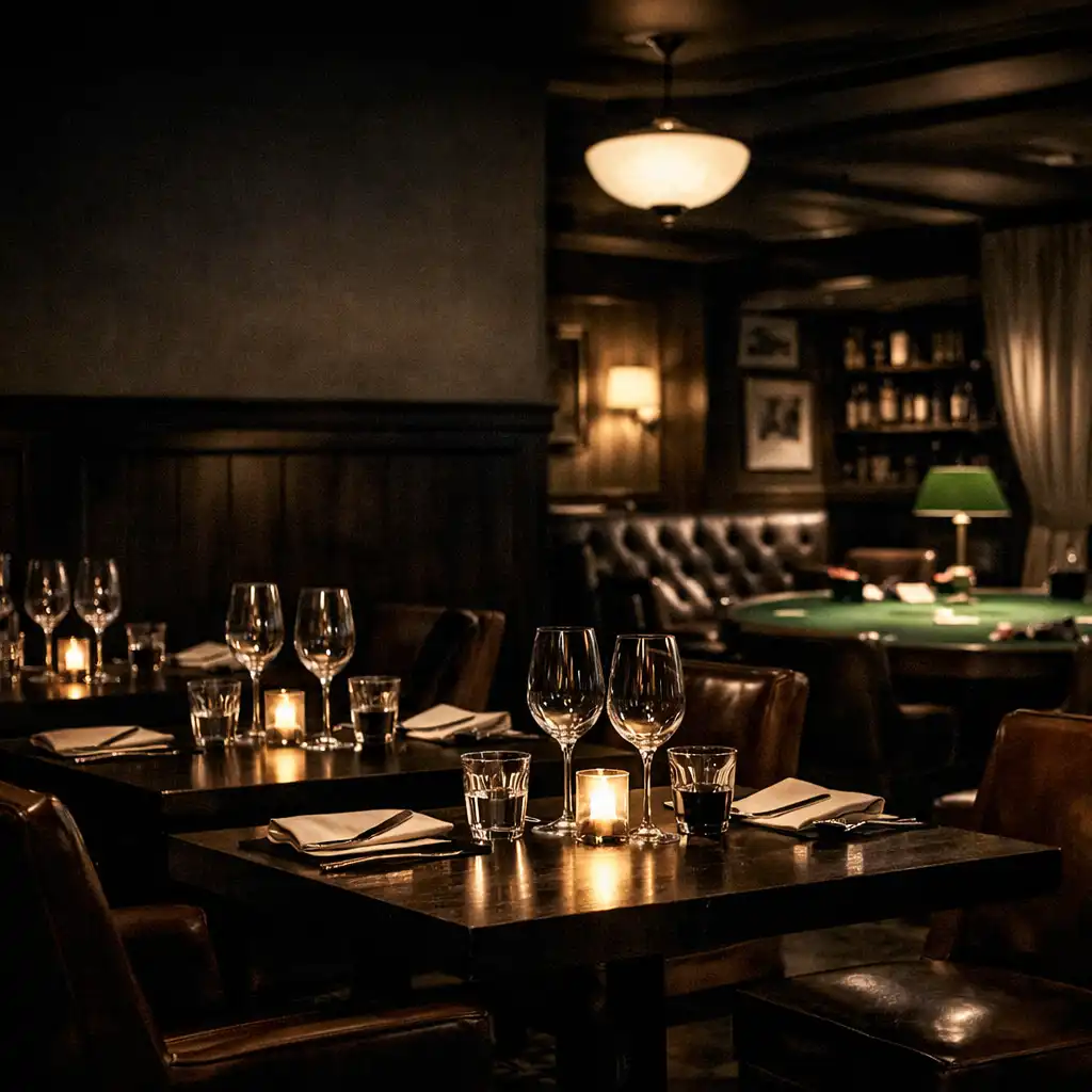 Warmly lit dining room at Mesada Fortuna with a card lounge visible in the background