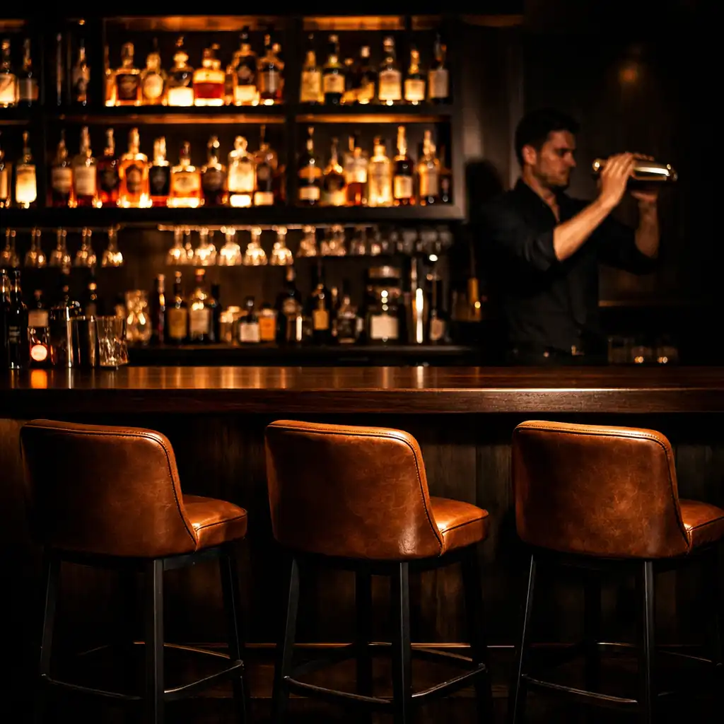 Stylish bar area with dark wood counter, backlit shelves, and leather bar stools