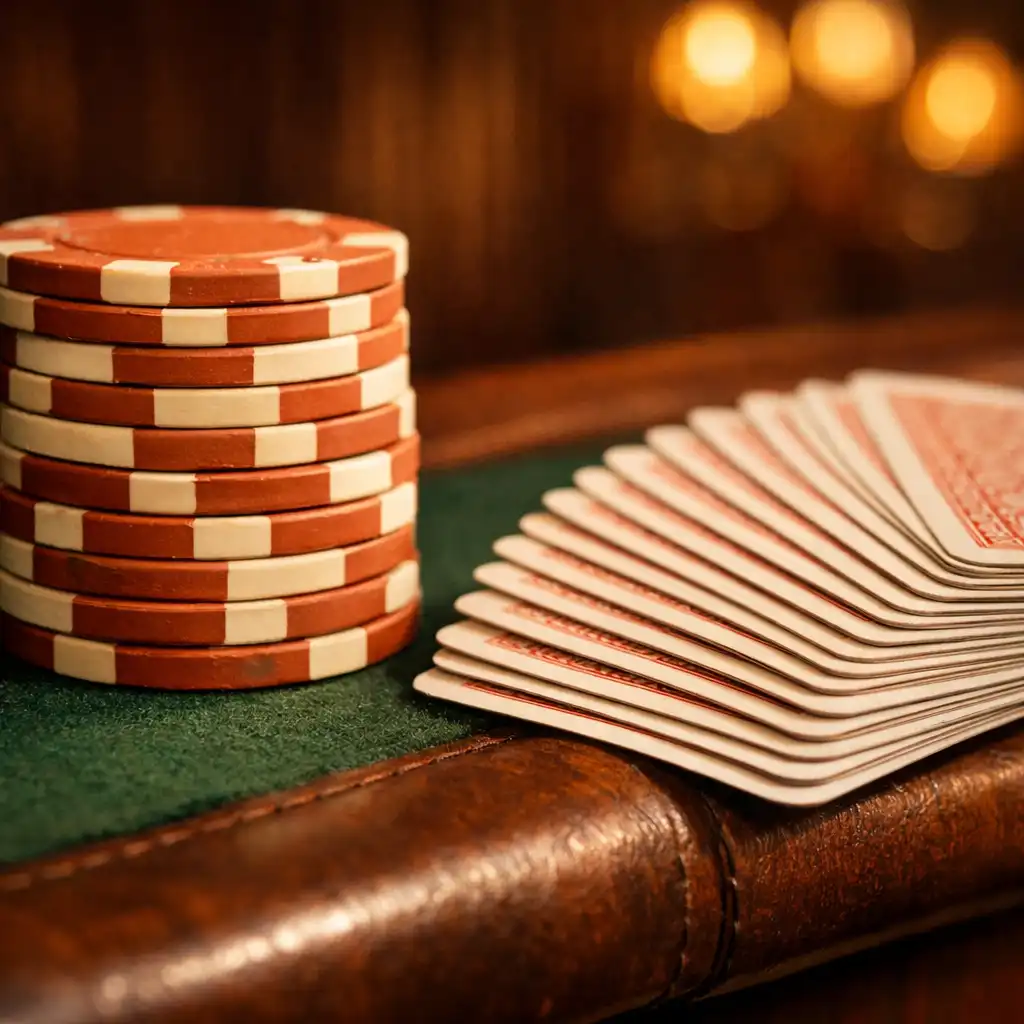 Detail of a poker table edge with clay-colored chips and a fanned deck of cards