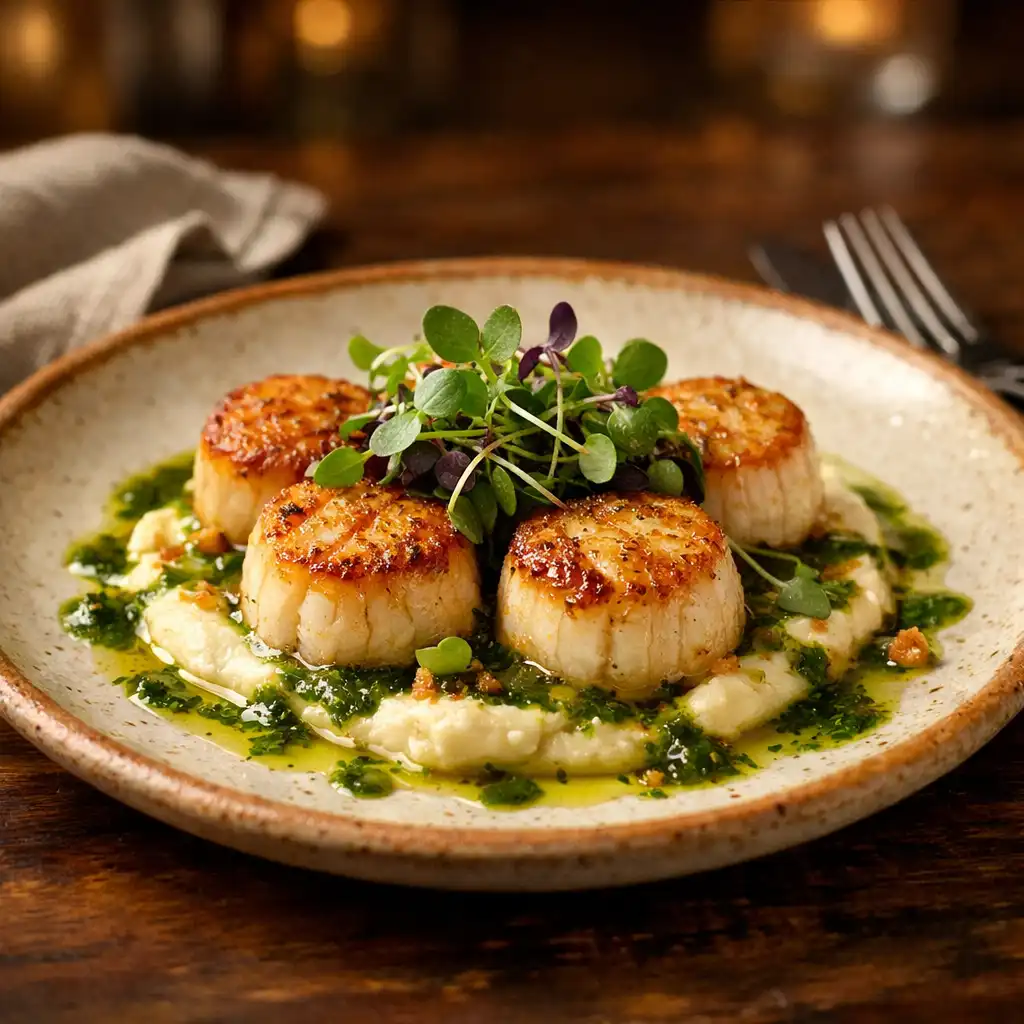 Close-up of seared scallops with herb oil and microgreens on a ceramic plate