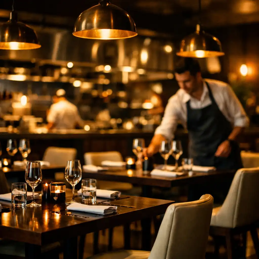 Interior of a modern Australian restaurant with dark wood tables and brass pendant lights