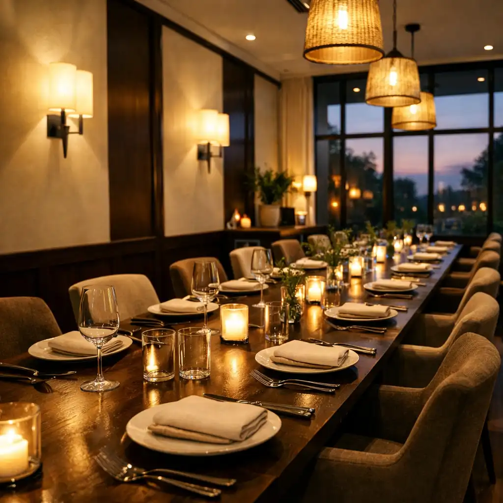 Modern restaurant dining room with communal table, upholstered chairs, and soft evening light