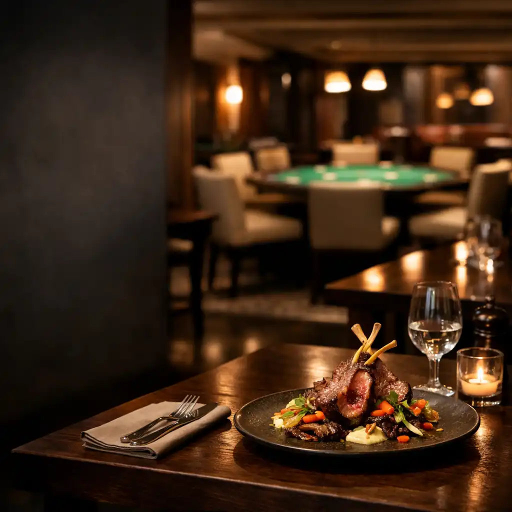 Warm interior of Mesada Fortuna showing a plated dish in the foreground and a card lounge with poker tables in the background