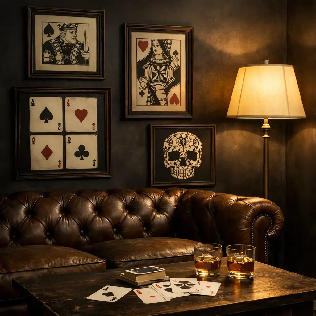 Cozy card lounge corner with a leather chesterfield sofa, coffee table, and a deck of cards