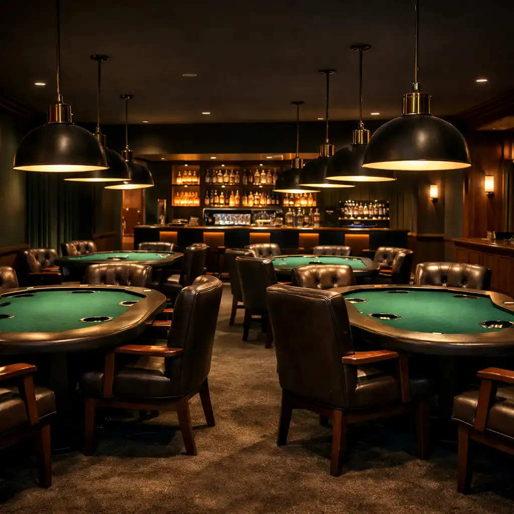 Wide view of the card lounge with green felt poker tables and leather chairs