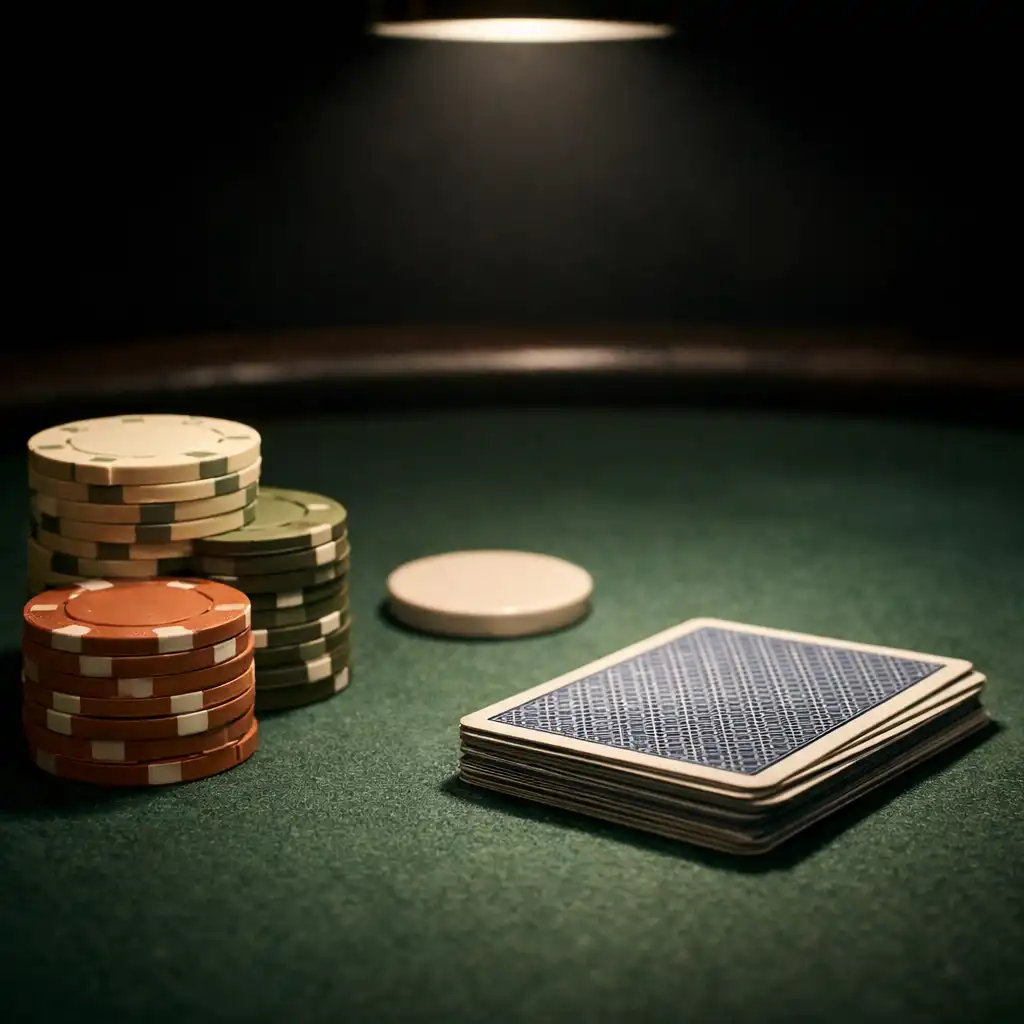 Close-up of a poker table with a hand of cards face down and a stack of clay poker chips