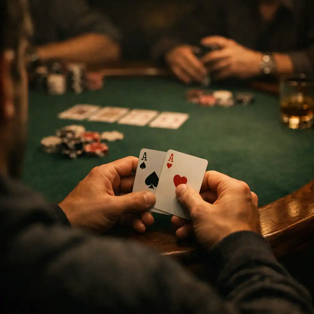 Over-the-shoulder view of a player's hands holding cards at a green felt poker table