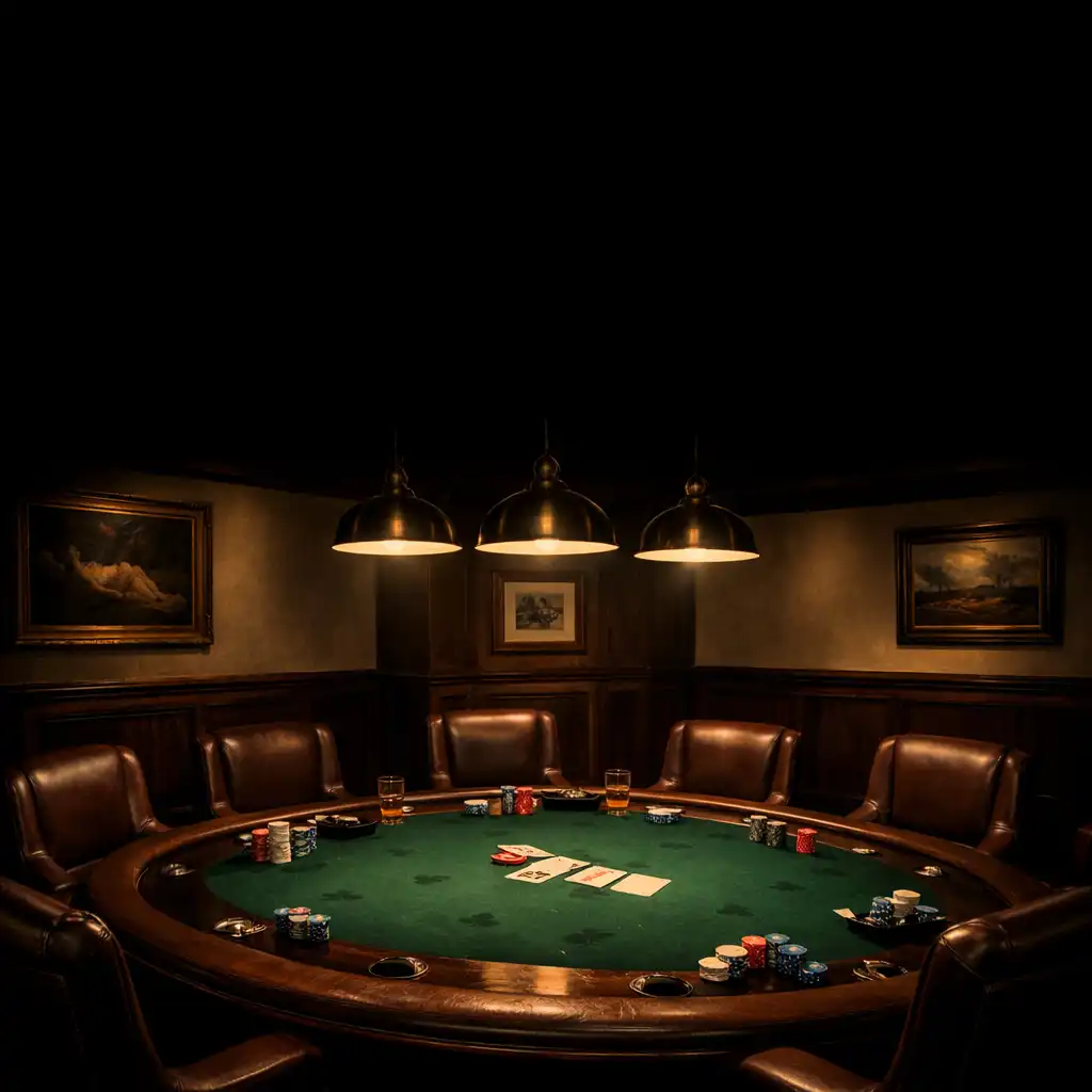 Sophisticated card lounge with a professional poker table under warm pendant lighting
