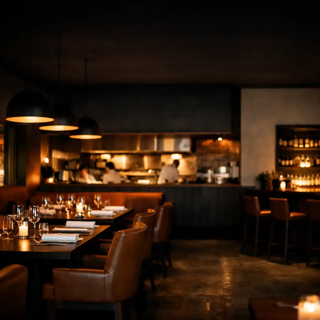 Warmly lit contemporary dining room at Mesada Fortuna with dark wood tables and pendant lamps