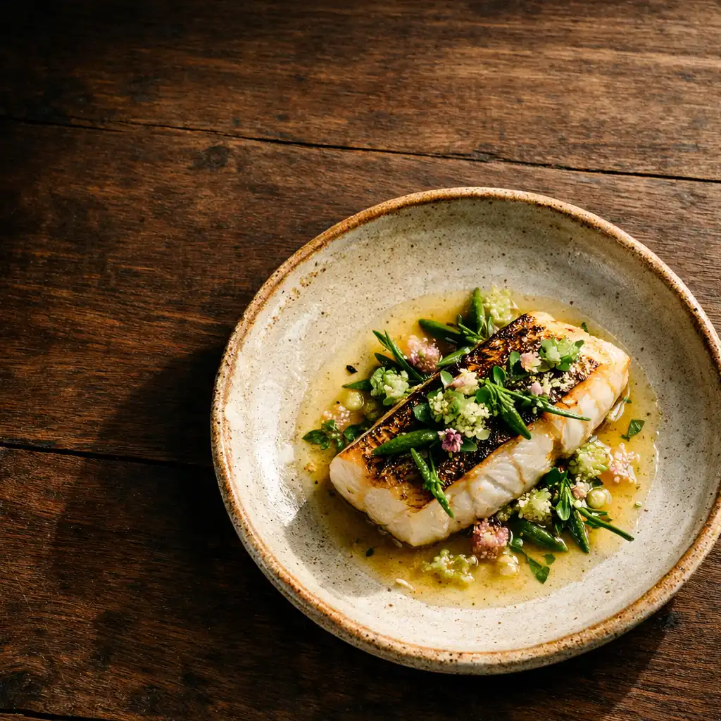 Signature seared fish dish with native herbs and finger lime on a handmade ceramic plate