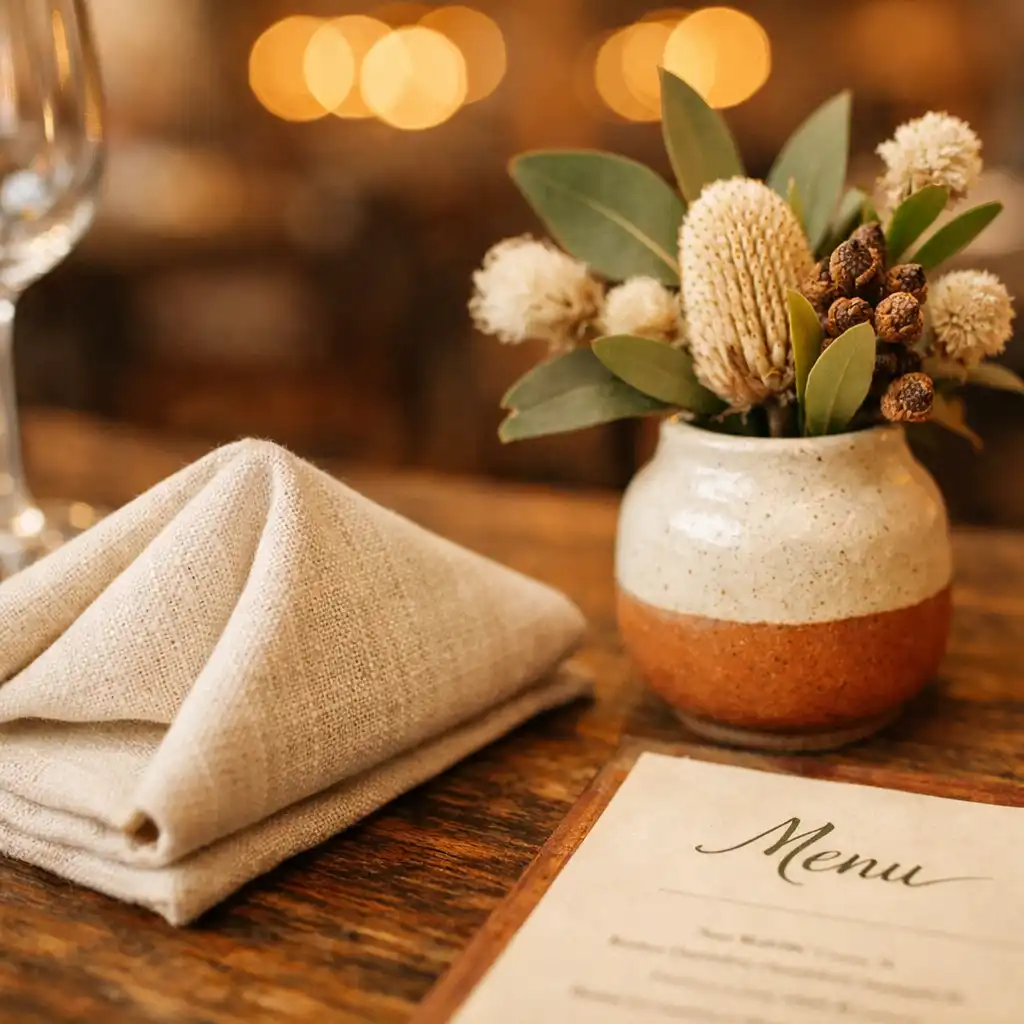 Close-up of a restaurant table setting with folded napkin, native flowers, and warm bokeh from pendant lights