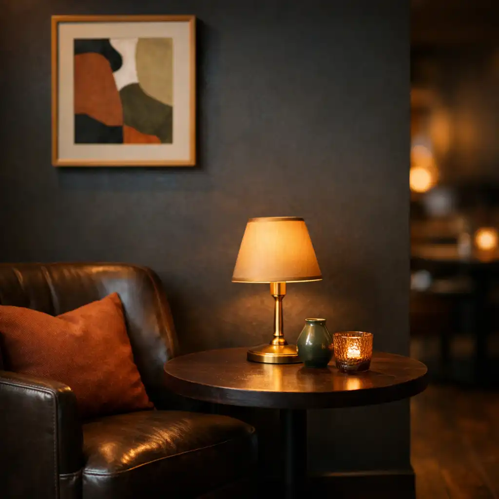 Cozy corner of the lounge with a leather armchair, brass lamp, and framed artwork