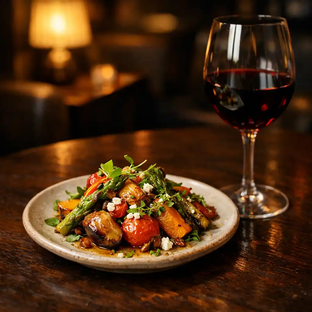 Share plate and glass of red wine on a dark wooden table in the lounge