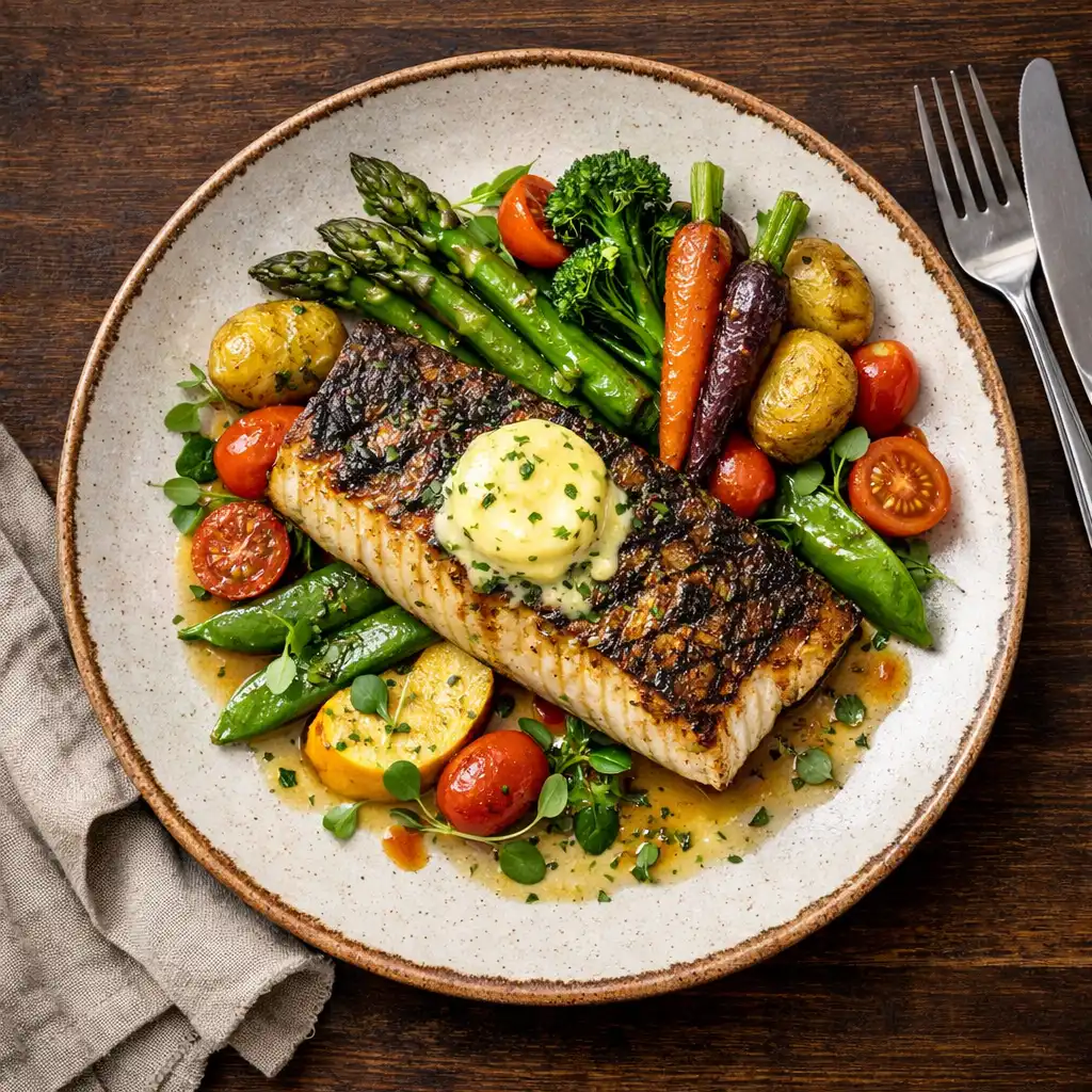 Plated barramundi with lemon myrtle butter and vegetables