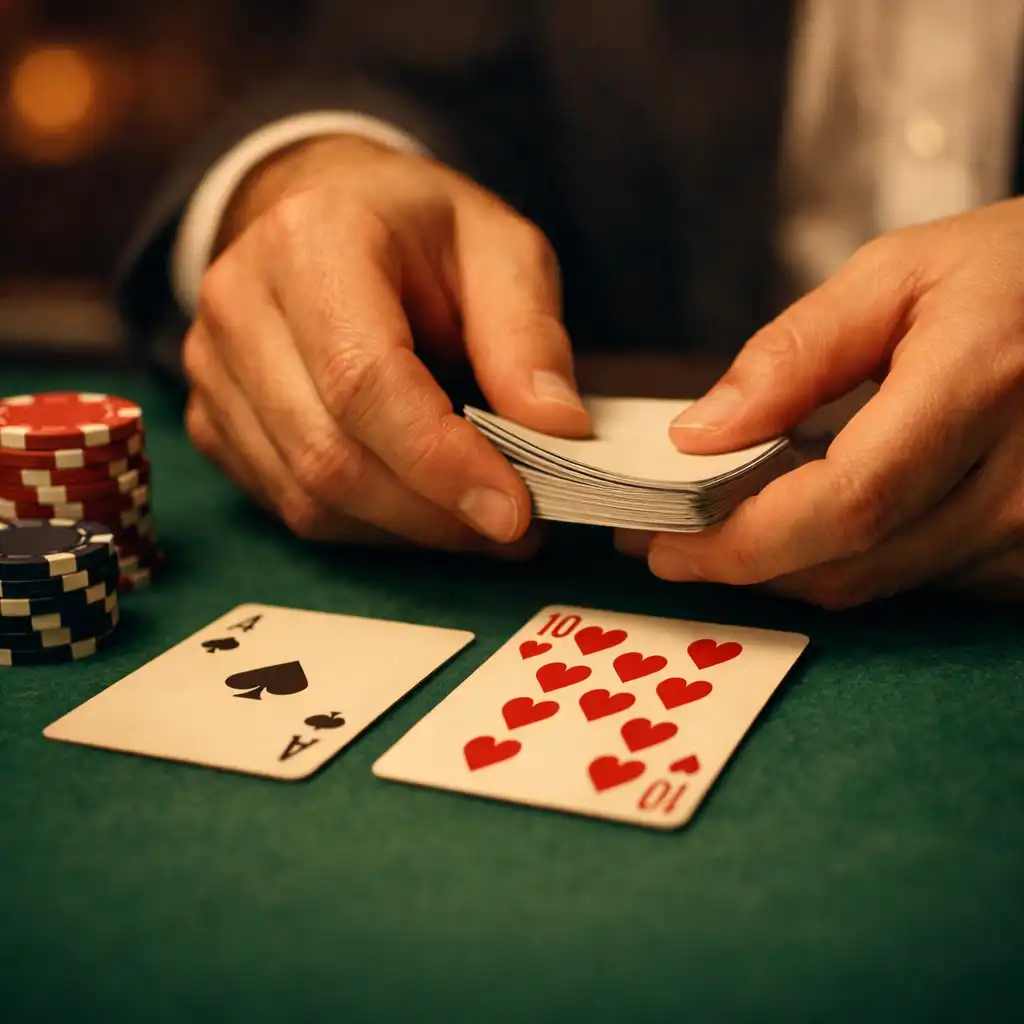 Hands dealing cards on a poker table with neatly stacked chips in warm, low lighting