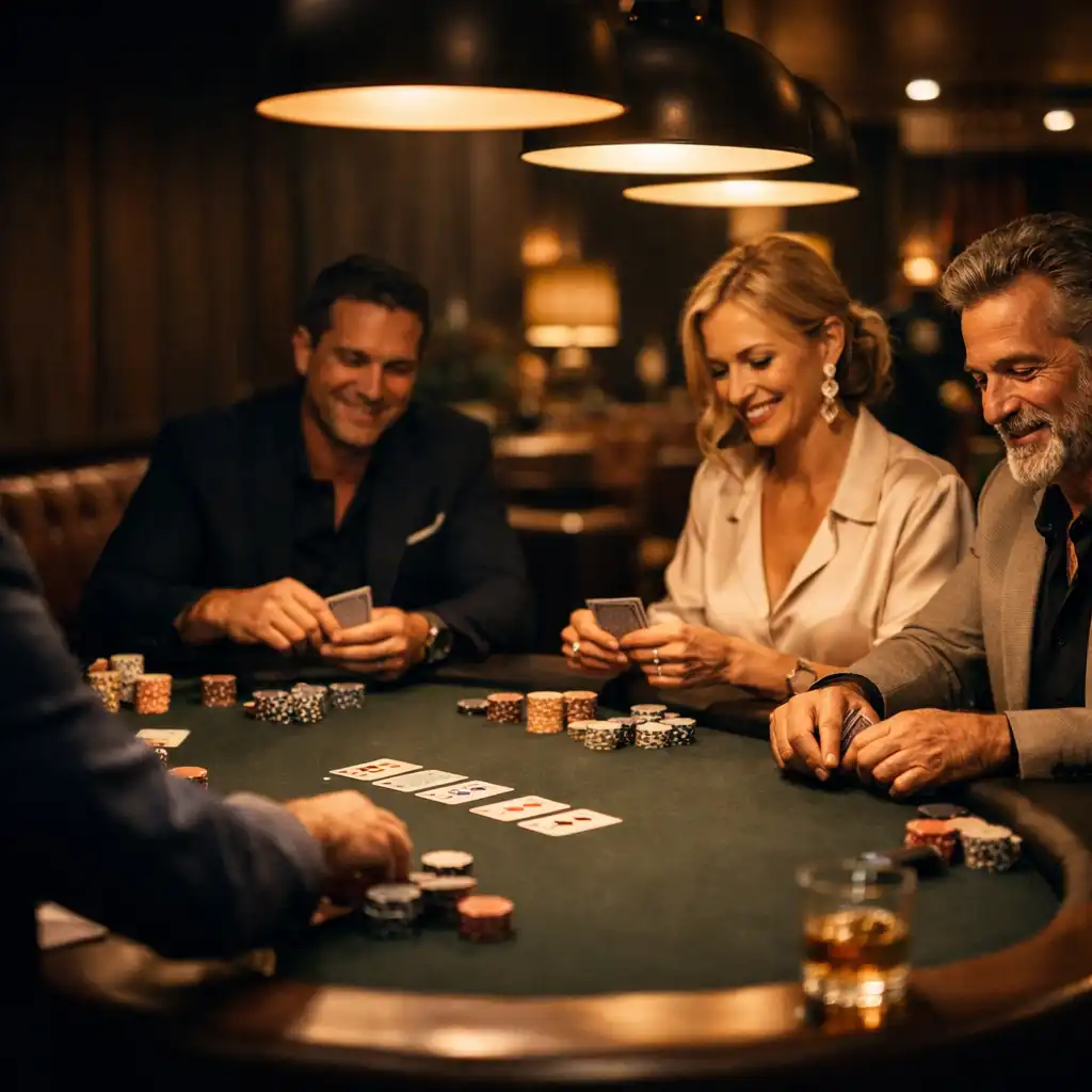 Warmly lit card lounge at Mesada Fortuna with guests gathered around a poker table
