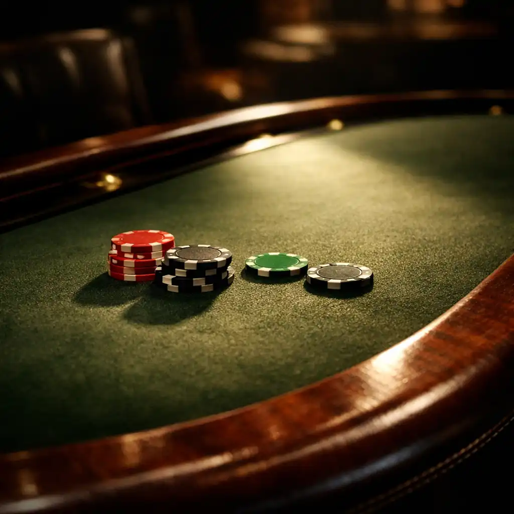 Close-up of a dedicated poker table with olive felt, timber edge, and warm spotlight