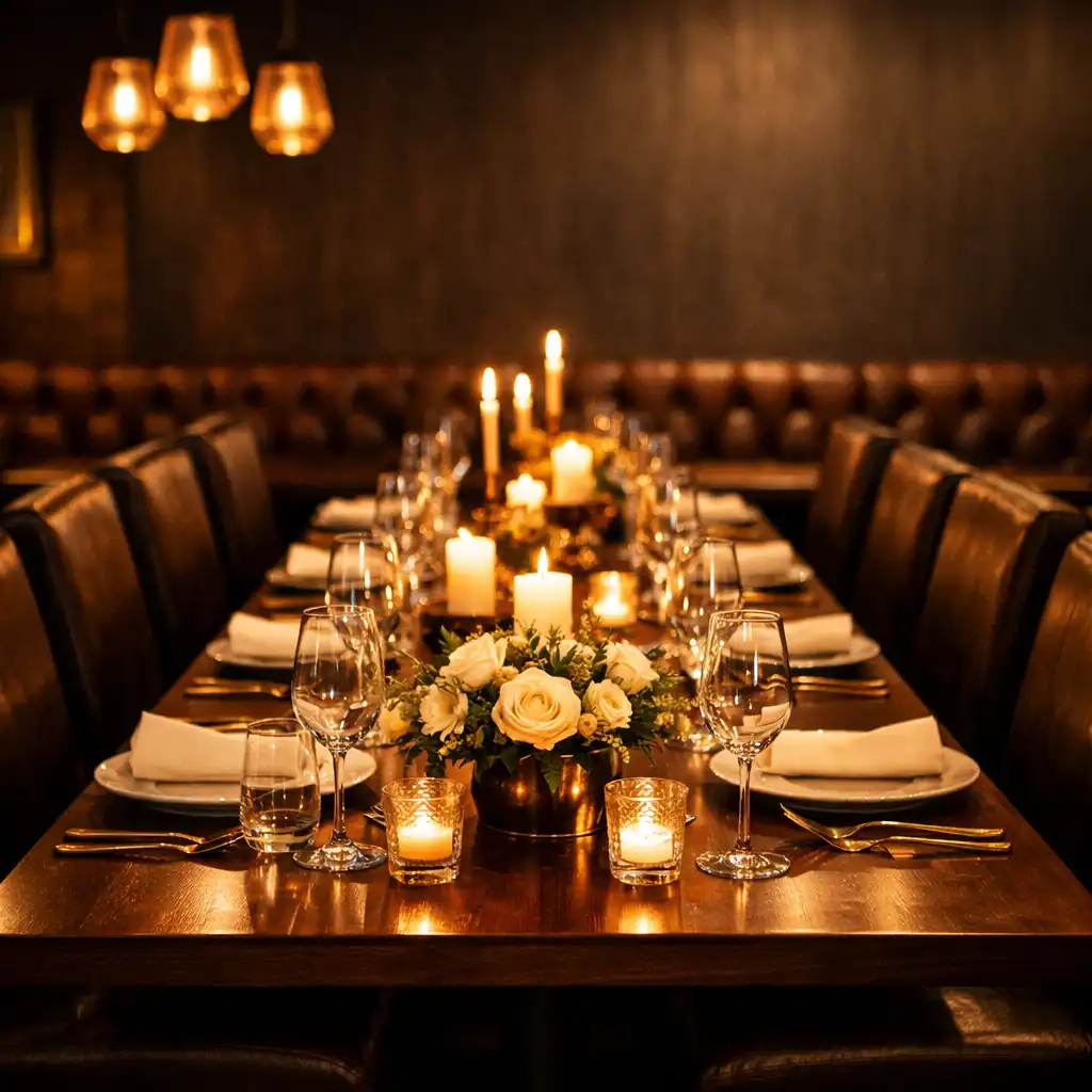 Private event setup with a long table, candles, and floral arrangement in the lounge