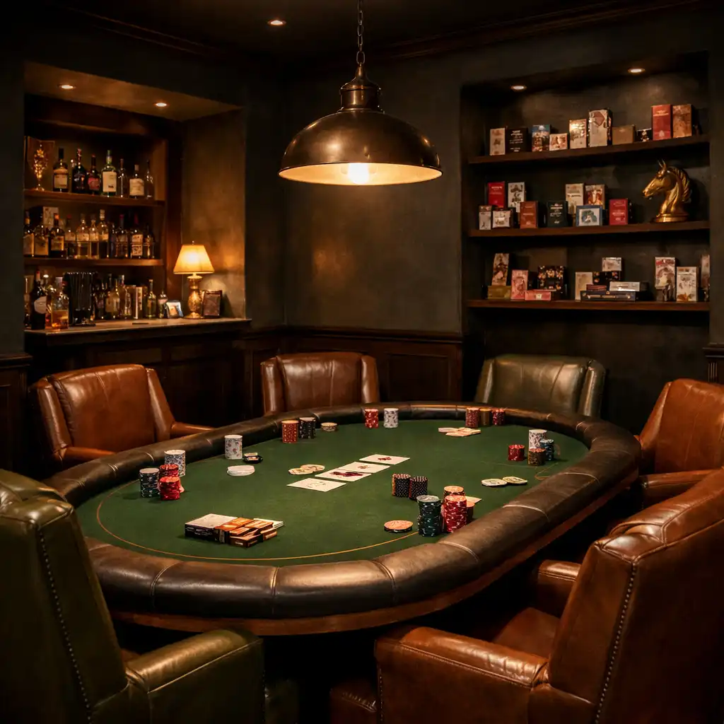 Private card lounge at Mesada Fortuna with a dedicated poker table, leather chairs, and intimate lighting