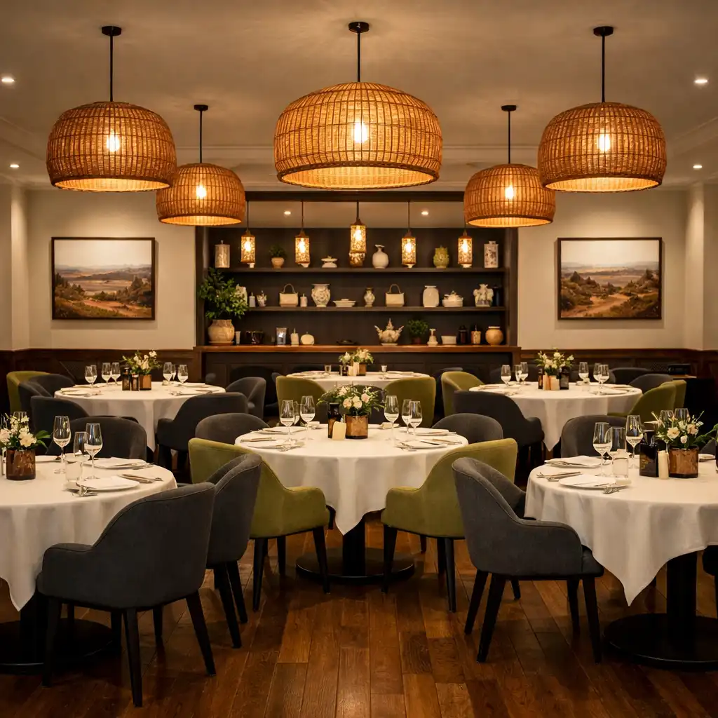 Main dining room at Mesada Fortuna with round tables, upholstered chairs, and warm pendant lighting