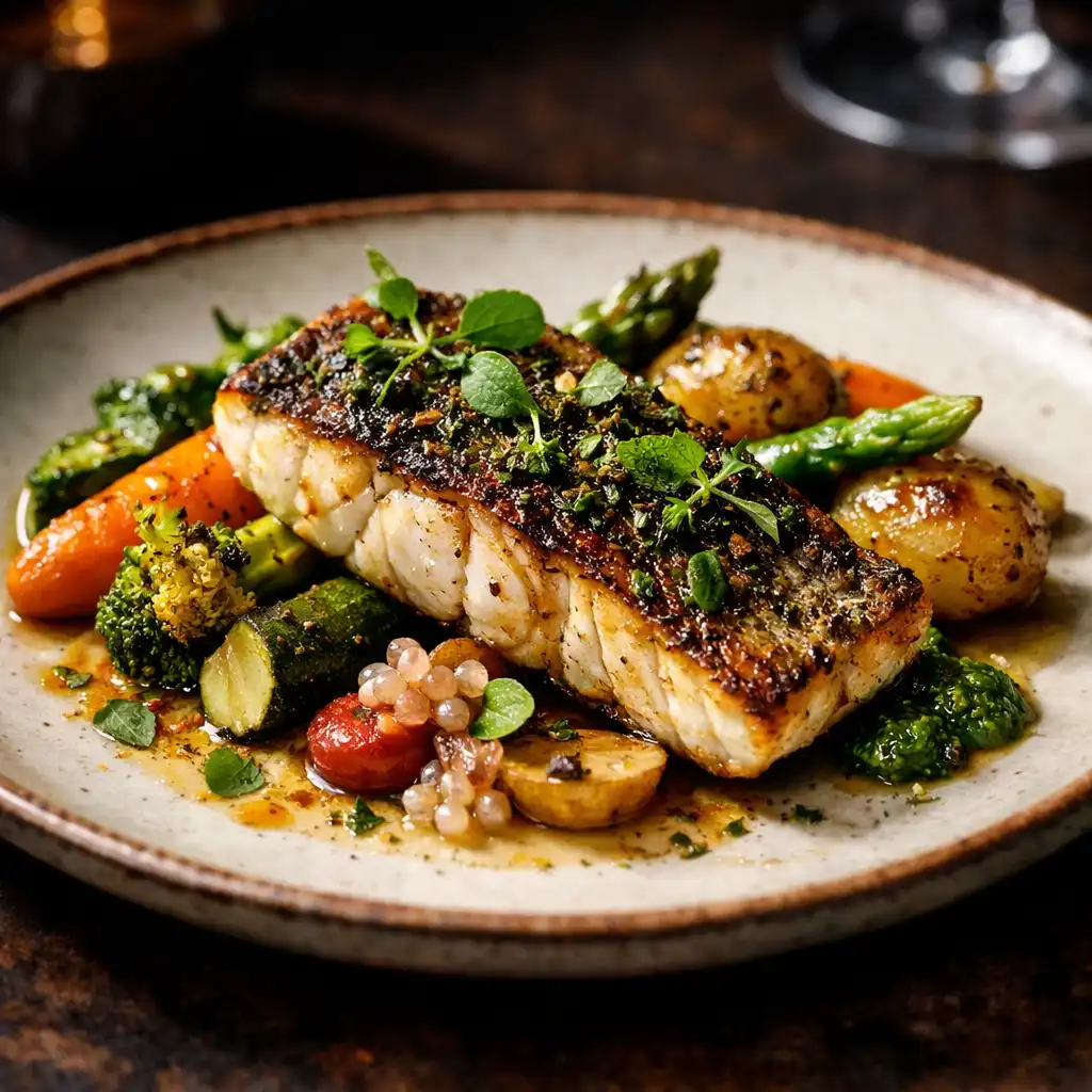 Plated grilled barramundi with native herbs and seasonal vegetables at Mesada Fortuna