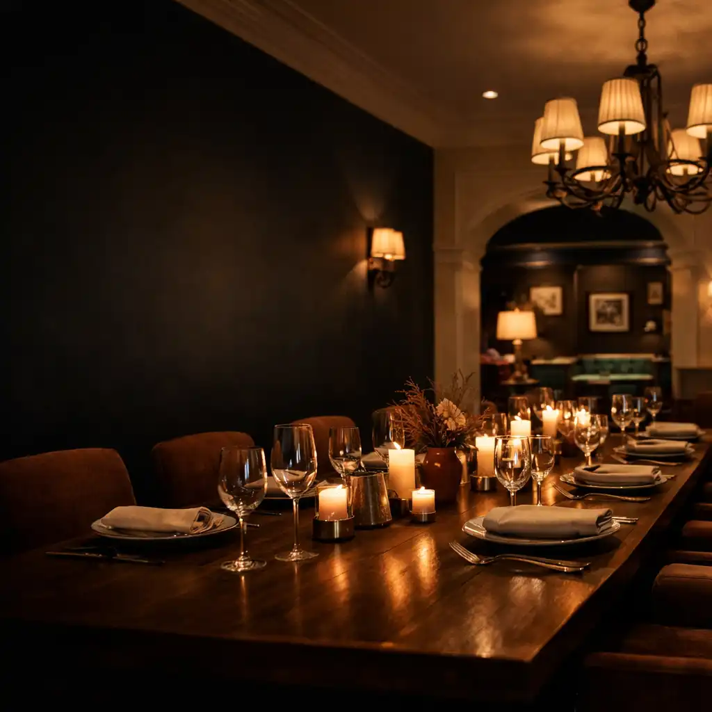 Private dining room at Mesada Fortuna with a long table set for a dinner party, warm candlelight, and elegant place settings