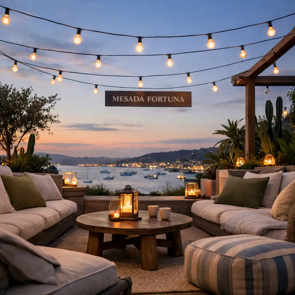 Outdoor terrace at Mesada Fortuna with lounge seating, string lights, and harbour views at dusk