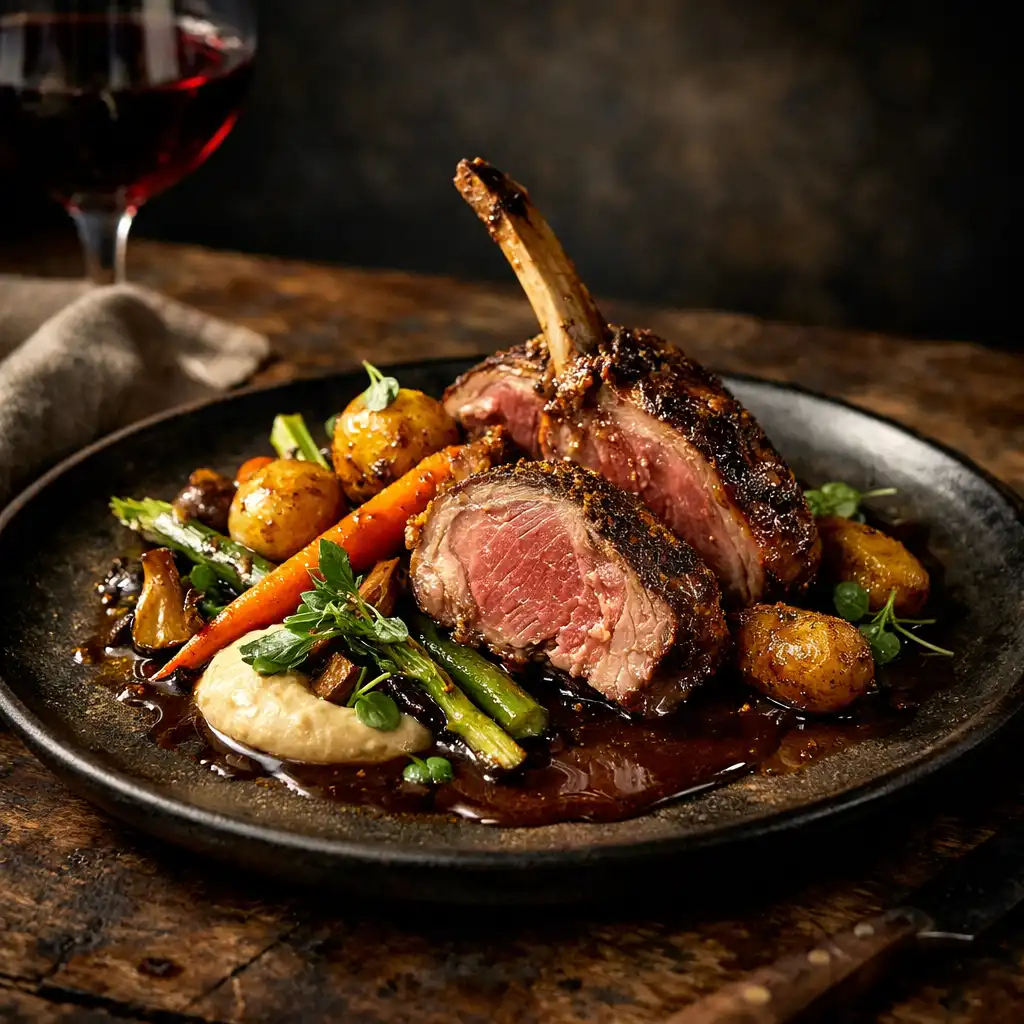 Roasted lamb main course with seasonal vegetables on a dark ceramic plate