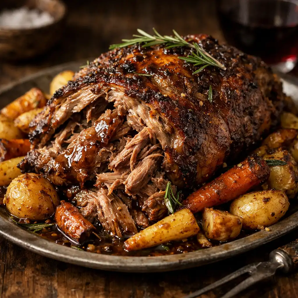 Slow-roasted lamb shoulder with rosemary jus and roasted vegetables